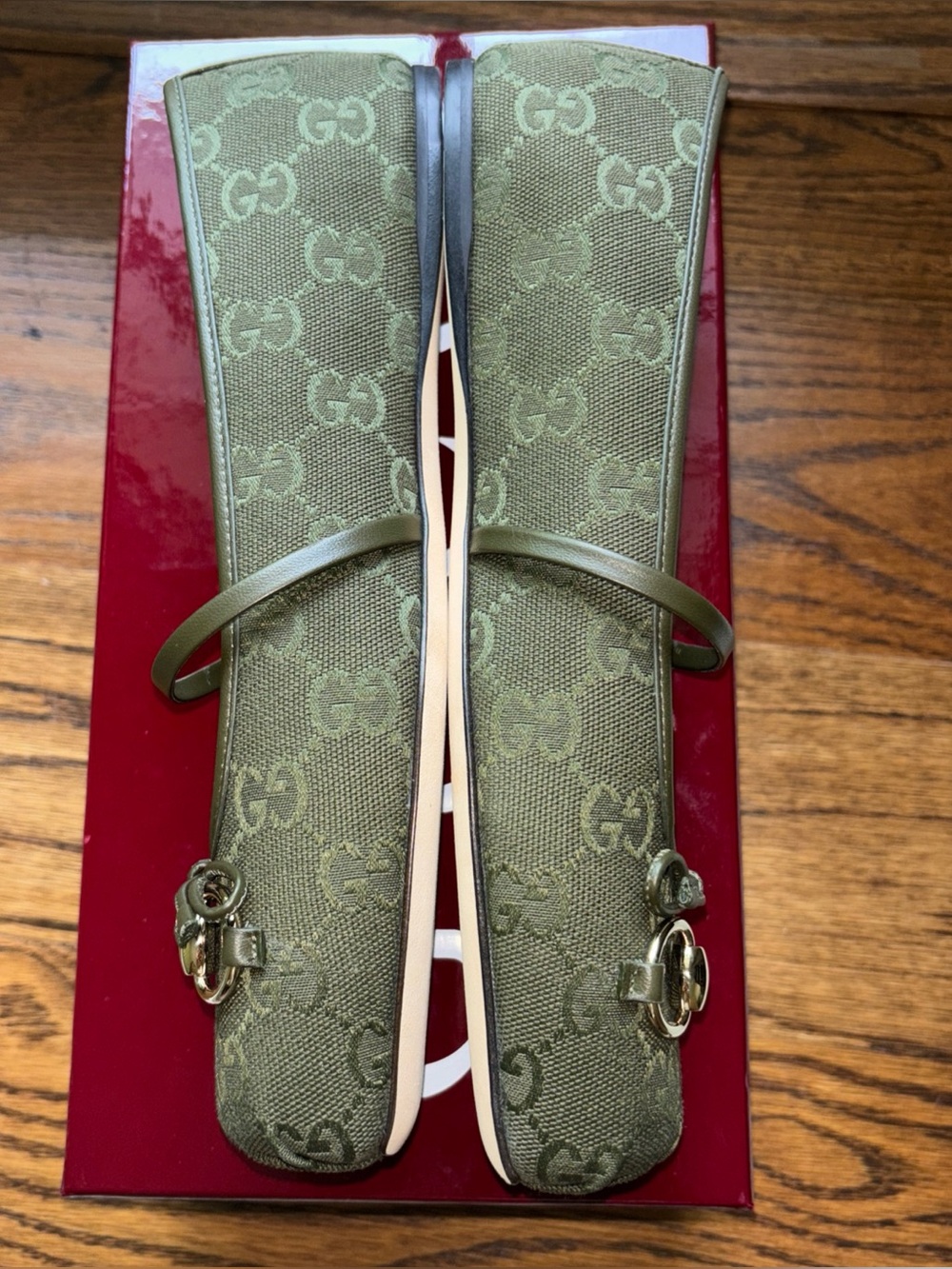 Authentic Gucci Horsebit Mary Jane Ballet Flat GG Logo Print Dark Green 8US 38EU - Picture 8 of 12